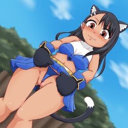 1girls black_hair blush breasts brown_eyes cat_ears catgirl censored clothed clothing costume female_focus female_only hayase_nagatoro hi_res kaikon_shokubutsu long_hair looking_at_viewer navel nipples please_don't_bully_me,_nagatoro pose revealing_clothes small_breasts smile solo upskirt wide_hips