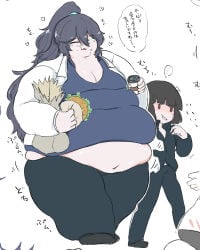 1boy 1girls alternate_body_type alternate_costume bhm big_belly big_moobs black_hair blue_eye chubby chubby_male cleavage colored crumbs crumbs_on_face cute_male digital_media_(artwork) eating exposed_belly exposed_navel fat fat_belly fat_face fat_fetish fat_legs fat_male heterochromia holding_food hong_lu_(limbus_company) innie_belly_button japanese_text jiggling_thighs limbus_company long_hair long_haired_male looking_pleased male_focus male_weight_gain moobs more_at_source motion_lines no_sex no_visible_genitalia obese obese_male ponytail project_moon ryoshu_(limbus_company) simple_background ssbhm suda_78 thick_hips thick_thighs translation_request w_corp_(identity)_(project_moon) wardrobe_malfunction weight_gain weight_gain_male wide_hips wide_legs wide_thighs