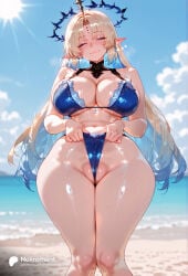1girl 1girls absurd_res absurdres ai_generated ass bare_shoulders beach big_ass big_breasts bikini bikini_pull blonde_hair blue_bikini blue_hair blue_sky blurry blurry_background blush breasts cameltoe cleavage closed_eyes closed_mouth clothes_pull cloud colored_inner_hair curvy day earrings elf facing_viewer female female_focus fleurdelys_(wuthering_waves) forehead_jewel forehead_mark gradient_hair halo hi_res high_quality high_resolution highres jewelry large_ass large_breasts long_hair multicolored_hair navel nekromant ocean outdoors parted_bangs partially_visible_vulva pointy_ears pulled_by_self sky smile solo solo_focus standing straight sun swimsuit thick_thighs thighs two_tone_hair very_long_hair video_game video_game_character video_games water wedgie wet wide_hips wuthering_waves