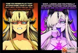 2026 2d 2girls absurd_res absurd_resolution absurdres ai_generated arknights blonde_hair blue_eyes blunt_bangs breasts clenched_teeth collarbone colored_skin colored_tongue disgust dragon_girl dragon_horns earrings eblana_(arknights) english_text forked_tongue green_eyes hair_over_one_eye hi_res high_quality high_resolution highres horns image jewelry large_breasts long_hair long_tongue looking_at_viewer lumarabbit multiple_girls multiple_horns necrass_(arknights) nude patreon patreon_username purple_skin reed_(arknights) teeth tongue tongue_out uncensured upper_body watermark