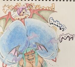 2girls artsyymartsyyyy ass hyper_ass laughing lilith_aensland morrigan_aensland traditional_media_(artwork)
