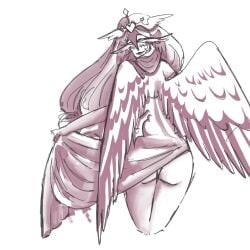 back_view cookie_run cookie_run_kingdom curvy dress drill_hair eternal_sugar_cookie feathered_wings headpiece lifting_skirt line_art listikchaya long_hair monochrome panties sketch thick_thighs tiara undressing wings