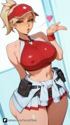 1girl ai_generated angela_ziegler arm_behind_back artist_name bare_shoulders belt belt_pouch blizzard_entertainment blonde_hair blowing_kiss blue_eyes blush breasts cameltoe clothes_around_waist covered_nipples crop_top curvy halterneck hand_up hat heart large_breasts lifeguard_mercy lips looking_at_viewer mercy midriff miniskirt navel overwatch overwatch_2 panties parted_lips patreon pleated_skirt ponytail pouch puckered_lips questionable red_headwear red_panties red_sweater senpai_pixels short_hair skirt sleeveless solo sweater sweater_around_waist tan tanlines thick_thighs thighs underwear visor_cap wristband
