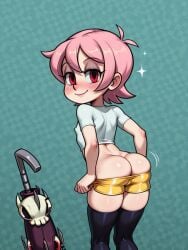 ai_generated arched_back ass ass_cleavage ass_crack ass_up butt_cleavage butt_crack flat_chest lustful_gaze minishorts narrow_waist no_panties nose_blush petite pink_hair pulling_down_pants red_eyes round_ass short_hair skullgirls smile umbrella_(skullgirls) undressing white_shirt yellow_shorts