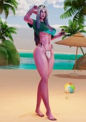 2026 3d beach bikini_bottom elf elf_ears energy_drink futanari glowing_eyes grand_theft_auto_vi long_hair mrtaxman night_elf pointed_ears sunglasses white_hair world_of_warcraft