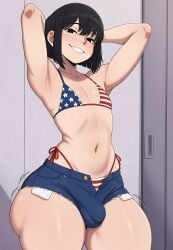 1boy ai_generated american_flag_bikini androgynous armpits arms_behind_head arms_up black_eyes black_hair bulge bulge_through_clothing bulge_under_clothes femboy feminine_male flat_chest hotpants looking_at_viewer male male_only mrnails short_hair short_shorts shorts simple_background smiling solo thick_thighs thighs unbuttoned unbuttoned_shorts