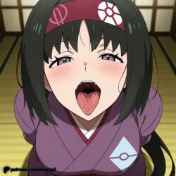 1boy1girl 1girl ai ai-created ai_art ai_assisted ai_generated anime anime_girl anime_style anus ass black_eyes black_hair blush breasts cosplay dutch_angle erika_(pokemon) folding_fan from_behind futon gloves grey_eyes hairband hand_fan headband hi_res high_quality high_resolution holding holding_fan indoors japanese_clothes large_breasts looking_at_viewer looking_back lying night nipples nsfw on_stomach open_mouth original original_character patreon patreon_logo patreon_url patreon_username pelvic_curtain pussy red_hairband seductive sexy short_hair shouji sliding_doors solo staxxy staxxy2 sweat tatami thighs uncensored watermark