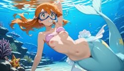 1girl 1girls ai ai-created ai_art ai_assisted ai_generated air_bubbles breasts diving diving_mask game_freak greymaker mermaid_costume misty_(pokemon) nintendo pokemon pussy small_breasts solo stable_diffusion staryu teenage_breasts teenage_girl teenage_tit underwater