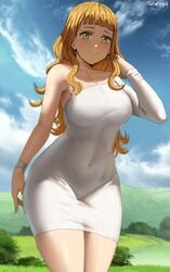 1girls 2021 artist_signature bare_legs bare_shoulders belly_button big_breasts black_clover blonde_female blonde_hair blue_sky blush breasts choker clothed clothed_female dress earrings elegant_dress female female_focus female_only grass green_eyes hi_res hips huge_breasts long_hair looking_at_viewer looking_down mimosa_vermillion orange_hair outdoors plains shexyo slim_waist smile smiling_at_viewer thick_thighs thighs tree white_dress wide_hips wristband