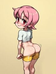 ai_generated arched_back ass ass_cleavage ass_crack ass_up butt_cleavage butt_crack flat_chest lustful_gaze minishorts narrow_waist no_panties nose_blush petite pink_hair pulling_down_pants red_eyes round_ass short_hair skullgirls smile umbrella_(skullgirls) undressing viewed_from_behind white_shirt yellow_shorts