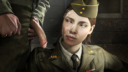 1boy 1girls 3d after_fellatio akatomasu beret blue_eyes brown_hair call_of_duty call_of_duty_ww2 cheating circumcised corporal_green cum cum_on_face cum_on_hair cum_on_neck cumshot dripping_cum eyes_half_open facial female flaccid flaccid_penis hi_res high_resolution highres looking_at_penis looking_to_the_side male married military military_hat military_jacket military_uniform necktie outdoor semen shirt soldier source_filmmaker straight uniform wedding_ring world_war_2