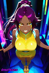 ai_generated anime big_ass bigtits bleach dark-skinned_female dark_skin dress heels high_heels hips ponytail smile yellow_dress yoruichi_shihouin