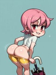 ai_generated arched_back ass ass_cleavage ass_crack ass_up butt_cleavage butt_crack flat_chest lustful_gaze minishorts narrow_waist no_panties nose_blush petite pink_hair pulling_down_pants red_eyes round_ass short_hair skullgirls smile umbrella_(skullgirls) undressing viewed_from_behind white_shirt yellow_shorts