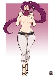 1girls areola areolae blush blush breasts clothing deepbeef female female_only flashing hair_ribbon jeans large_breasts long_hair no_bra purple_hair red_eyes scruffyturtles smile smiling smiling_at_viewer sole_female solo tagme tank_top under_night_in-birth yuzuriha_(under_night_in-birth)