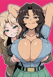 2girls big_breasts blonde blonde_female blonde_hair brunette brunette_female clothed female_only fully_clothed huge_breasts large_breasts tagme