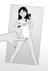 1girls black_hair blush breasts cleavage female_focus female_only hayase_nagatoro long_hair looking_at_viewer monochrome navel one_finger_selfie_challenge please_don't_bully_me,_nagatoro pose selfie simple_background small_breasts smile solo spread_legs szmitten tanline tanned white_background