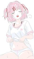 1girl animal_print blush bow bow_panties breasts cat_print closed_eyes clothes_lift collarbone commentary cute ddlc doki_doki_literature_club dot_nose english_commentary feet_out_of_frame hair_intakes hair_ribbon hot jpg lifting_own_clothes natsuki_(doki_doki_literature_club) navel open_mouth panties pink_hair pink_trim puff_of_air questionable rachel_campbell raised_inner_eyebrows red_ribbon ribbon serenity_forge shirt shirt_lift short_hair short_sleeves simple_background sitting small_breasts solo split_mouth strap sweat swept_bangs t-shirt team_salvato teeth two_side_up underwear upper_teeth_only very_sweaty white_background white_panties white_shirt wholesome