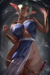1girls 2026 big_breasts blue_eyes clothing dark-skinned_female dark_elf dark_skin earrings elf elf_ears elf_female eyelashes female female_only fromsoftware king's_field olchas shaded solo thick_thighs viewed_from_below white_hair wide_hips