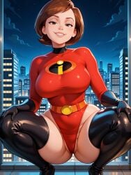 ai_generated big_ass big_breasts big_butt cartoon cartoon_character cartoon_milf cartoon_mom cartoony elastigirl gloves helen_parr high_heels leotard mature_female mature_woman milf mommy mother night robotkesh seductive seductive_look seductive_smile solo solo_female squatting superheroine teasing the_incredibles thick_thighs wide_hips