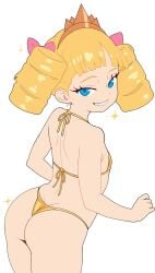 adorable back_view big_ass bikini blue_eyes bun character_request crown curly_hair cute female_only flat_chest golden_bikini hi_res light_skin looking_at_viewer ojito_art original_character smiling_at_viewer stars thick_thighs yellow_hair
