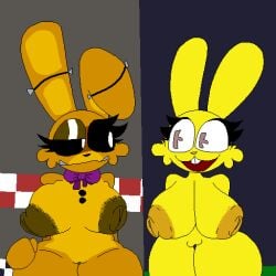 areolae bowtie breasts breasts_apart breasts_bigger_than_head breasts_out bunny_ears bunny_girl chaoticdream female female_only five_nights_at_freddy's fnaf nipples pixel pixel_(artwork) pixel_art pussy simple_background spring_bonnie spring_bonnie_(fnaf) tagme thick_thighs