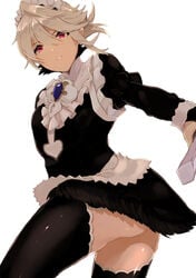 1boy alternate_costume ass blonde_hair contrapposto corrin_(fire_emblem) corrin_(fire_emblem)_(male) crossdressing dagger femboy fire_emblem fire_emblem_fates frills from_below gay highres inner_thighs knife maid male miniskirt otoko_no_ko pointy_ears red_eyes simple_background skirt thighhighs trap twisted_torso w_(1999_kyu) weapon white_background