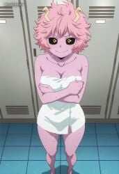 ai_generated ashido_mina bare_legs barefoot black_sclera blush boku_no_hero_academia bones_(company) bones_(studio) breasts changing_room curvy feet horns knees legs messy_hair mina_ashido my_hero_academia pink_hair pink_skin shounen_jump smile teenage teenage_girl teenager towel towel_only white_towel yellow_eyes