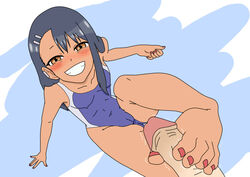 1boy 1girls all_fours black_hair blue_background blush breasts brown_eyes cameltoe clothed clothing erection feet foot_fetish footjob hayase_nagatoro hi_res kndhentai long_hair looking_at_viewer medium_breasts naoto_hachioji_(senpai) nipples penis please_don't_bully_me,_nagatoro revealing_clothes shivering simple_background sitting smile spread_legs swimsuit tan-skinned_female tan_skin veiny_penis white_background