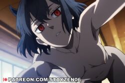 1girl ai ai_art ai_generated all_fours anime_coloring armpits black_hair breasts collarbone completely_nude demon_horns fate_(series) from_below hanging_breasts horns indoors looking_at_viewer navel nipples nude parted_lips pov red_eyes short_hair small_breasts solo window