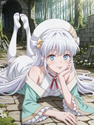 1boy 1girl :p absurdres adult ai_assisted ai_generated bangs bare_shoulders big_breasts blue_eyes blush breasts day dia_viekone_(ansatsu_kizoku) double_bun dress feet feet_up female flower forest frills hair_bun hair_ornament hat heeven highres long_hair long_sleeves looking_at_viewer lying male mature nature no_shoes off_shoulder on_stomach outdoors patreon patreon_username perfect_body sensitive smile soles solo star_(symbol) star_hair_ornament sunlight the_pose the_worlds_finest_assassin_gets_reincarnated_in_another_world_as_an_aristocrat thighhighs tongue tongue_out tree uncensored very_long_hair white_dress white_flower white_hair white_headwear white_thighhighs wide_sleeves