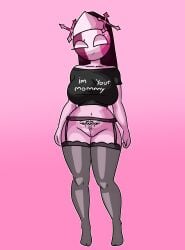 1girls alternate_version_available arms_at_sides belly belly_button black_topwear bottomless bottomless_female breasts chetoh commission commissioner_upload crop_top cross crosses english_text female female_focus female_only friday_night_funkin friday_night_funkin_mod grey_stockings habit mid-fight_masses multicolored_head no_pupils novelty_censor nun nun's_habit pink_background pink_body pussy sarvente_(dokki.doodlez) sarvente_(friday_night_funkin) smiling smiling_at_viewer solo solo_female solo_focus stockings tattoo text text_on_clothing text_on_topwear uncensored white_text womb_tattoo