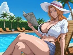 1girls ai_generated big_boobs big_breasts bikini bleach bleach:_the_thousand-year_blood_war blouse blue_eyes crossed_legs curvy curvy_body curvy_female curvy_figure denim denim_shorts hat huge_breasts kyoru189 large_breasts light-skinned_female light_skin matsumoto_rangiku mature_female orange_hair pool shiny shiny_skin shirt sitting solo solo_female thong