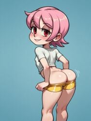 ai_generated arched_back ass ass_cleavage ass_crack ass_up butt_cleavage butt_crack flat_chest lustful_gaze minishorts narrow_waist no_panties nose_blush petite pink_hair pulling_down_pants red_eyes round_ass short_hair skullgirls smile umbrella_(skullgirls) undressing viewed_from_behind white_shirt yellow_shorts