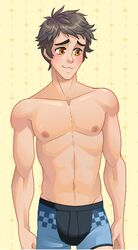 1boy blush blush_blush boxers brown_hair exposed_nipples kelby_(blush_blush) male male_focus male_only navel nipples posing sad_panda_studios solo solo_male underwear_only yellow_eyes