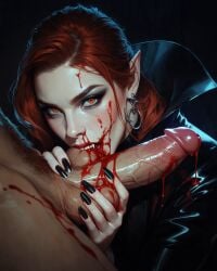 ai ai-created ai_art ai_assisted ai_generated biting black_fingernails black_nails blood_in_mouth blood_on_face blood_on_penis holding_penis long_fingernails open_mouth red_eyes red_hair testicle_grab testicle_sucking testicles vampire vampire_girl vampire_teeth
