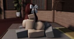 big_ass big_breasts dummy_(roblox) glasses long_hair playful red_hair roblox roblox_avatar roblox_studio robloxian sitting sitting_on_person smile thick_thighs tongue_out white_bow