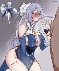 1boy 1girls bare_shoulders blowjob blowjob_face blush breasts convenient_censoring dark-skinned_male dark_skin female female_focus genitals glistening glistening_body gloves hand_fan hoyoverse light-skinned_female light_skin long_hair male male/female miraenokoi penis pointy_ears saliva saliva_string saliva_trail shoulder_cutout sideboob simple_background solo_focus steam steaming_body straight sweat sweatdrop sweating testicles velina_(zenless_zone_zero) velina_airgid white_hair zenless_zone_zero