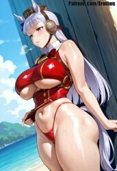 1girl ai_generated animal_ears bangs bare_shoulders beach bikini blue_sky blunt_bangs blush bow breasts buttons cloud day erothus gold_ship_(umamusume) hat highleg horse_ears horse_girl horse_tail large_breasts long_hair navel ocean outdoors panties parted_lips pillbox_hat purple_eyes red_bikini shiny shiny_skin sky sleeveless solo standing stomach sweat swimsuit tail thighs umamusume umamusume_pretty_derby underboob water wet