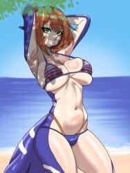 1female 1girls 1humanoid armpits arms_behind_head arms_up big_breasts blue_body blue_sclera breasts busty busty_female dinosaur_girl dinoterra female female_only female_solo ginger ginger_female ginger_hair huge_breasts humanoid husa_(species) kayserend kneeling large_breasts light_skin light_skinned_female looking_at_viewer nessie original_character plesiosaur pov pov_eye_contact purple_body reptile_humanoid solo solo_female striped_bikini stripes stripes_(marking) tagme tail tail_markings thick_thighs underboob white_scales white_skin wide_hips