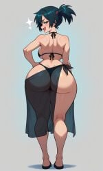 1girl ai_generated ass ass_focus asymmetrical_hair back backboob bare_shoulders bikini black_bikini black_footwear black_swimsuit blue_eyes blue_hair blush breasts busty clothing fang female footwear from_behind green_eyes hair_tie halterneck hand_on_hip hand_on_own_hip highleg highleg_bikini highleg_swimsuit huge_ass kasumi_(pokemon) kneepits large_ass large_breasts looking_at_viewer looking_back median_furrow misty_(the_electric_tale_of_pikachu) open_mouth pokemon ponytail sarong see-through shiny_skin short_hair short_ponytail shoulder_blades side_ponytail sideboob smile smug solo standing string_bikini swimsuit the_electric_tale_of_pikachu thick_ass thick_thighs thighs thong thong_bikini thong_swimsuit tied_hair wide_hips