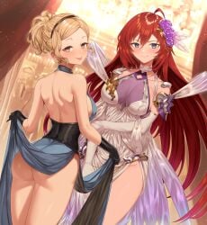 blonde blonde-haired_female blonde_female blonde_hair breasts brown_eyes djeeta_(granblue_fantasy) dress_lift female granblue_fantasy medium_breasts short_hair