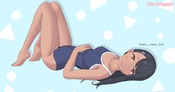 1girls black_hair breasts brown_eyes clothed clothing female_focus female_only hayase_nagatoro long_hair looking_at_viewer looking_back navel nico_kobayashi nipples please_don't_bully_me,_nagatoro pose revealing_clothes simple_background small_breasts smile solo swimsuit watermark