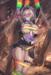 1girls ai_generated areola_slip bdsm big_breasts bike_shorts bike_shorts_under_skirt bondage bound_arms bound_legs breasts burning burning_building captured captured_heroine covered_nipples crotch_rope damsel damsel_in_distress esper_zero_(neverness_to_everness) eyes_rolling_back female female_esper_zero_(neverness_to_everness) femsub fire full-face_blush helpless large_breasts mouth_gag neverness_to_everness nokani peril pussy pussy_juice pussy_juice_drip restrained self_upload solo spandex_shorts spats tearing_up thick_thighs torn_clothes wide_hips