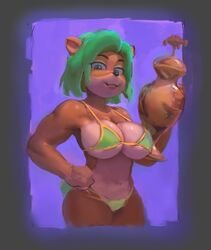 1girls ami_bandicoot anthro bikini bikini_top breasts crash_(series) crash_team_racing_nitro-fueled female flo_(artist) green_hair gumdrops_(artist) large_breasts mature_female trophy