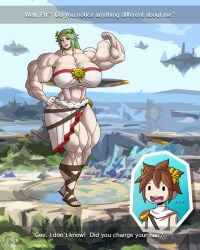 1boy 1girls angel angel_boy angel_wings blush blushing brown_hair english english_text female flexing flexing_bicep forsakun goddess green_hair kid_icarus male mouth_agape mouth_open muscle_fetish muscles muscular muscular_arms muscular_female muscular_thighs palutena pit_(kid_icarus) super_smash_bros. super_smash_bros._ultimate text thighs wings