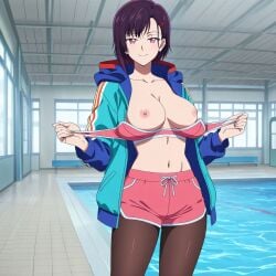1girls ai_generated breasts female jacket mikazuki_shizuka nipples nude nude_female purple-haired_female purple_eyes purple_hair pussy short_hair uncensored zom_100:_zombie_ni_naru_made_ni_shitai_100_no_koto