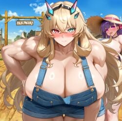 2girls barghest_(gawain)_(fate) big_breasts blonde_hair blue_overalls blush breast_focus breasts cleavage fate_(series) female female_focus female_only green_eyes hair hand_on_hip hat headwear heterochromia huge_breasts large_breasts lips long_hair looking_at_viewer motion_lines muscles muscular muscular_female overalls passionlip_(fate) pink_eyes purple_hair raskasar red_eyes solo_focus thick_thighs thighs