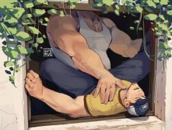 asterus baseball_cap clothed clothing ellis_(left_4_dead) gay hand_on_chest hand_on_leg hand_on_neck holding_leg imminent_anal imminent_sex implied_anal implied_sex laying_on_back lifting_leg lying_on_back male/male male_focus male_only muscles muscular muscular_male on_back open_window plant through_window window window_sex yaoi