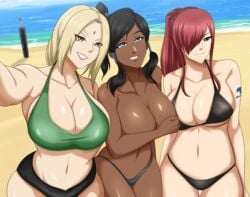 2020s 2021 3girls 5:4_aspect_ratio alternate_breast_size arm_tattoo artist_request avatar_legends beach big_breasts bikini_bottom bikini_top bikini_top_removed bird's-eye_view black_bikini_bottom black_hair black_hair_female black_swimwear blonde_hair blonde_hair_female blue_eyes blue_eyes_female blue_tattoo breasts breasts_bigger_than_head brown_eyes brown_eyes_female chocolate_and_vanilla confident covering_breasts crossover dark-skinned_female dark_skin eastern_and_western_character erza_scarlet fairy_tail female female_only front_view glistening_arms glistening_body glistening_breasts glistening_face glistening_hair glistening_legs glistening_shoulders glistening_skin green_bikini_top green_bra happy huge_breasts inuit korra large_breasts light-skinned_female light_brown_eyes lipstick long_blonde_hair long_hair_female long_red_hair long_taglist looking_at_viewer multiple_girls naruto naruto_(series) naruto_shippuden nickelodeon ocean one_eye_covered one_eye_visible oppai orange_eyes orange_eyes_female public_topless questionable red_hair red_hair_female sand selfie shiny_arms shiny_body shiny_breasts shiny_face shiny_hair shiny_legs shiny_shoulders shiny_skin short_black_hair short_hair_female short_pigtails smile smiling_at_viewer swimsuit tattoo the_avatar the_legend_of_korra tomboy topless topless_female trio tsunade visible_teeth water water_tribe