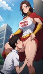 1boy 1woman ai_generated cunnilingus eating_pussy femdom milf straight superheroine